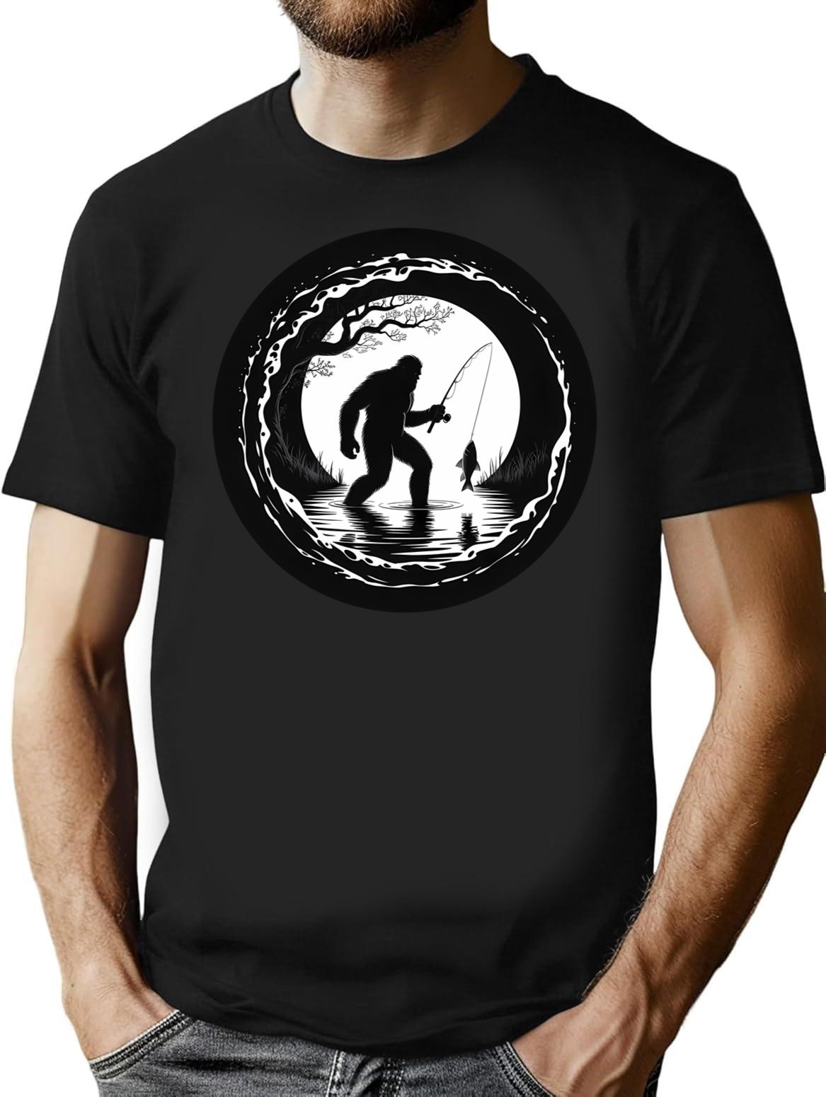 Bigfoot Fishing T-Shirt - Retro Graphic Tee for Men & Women - Black