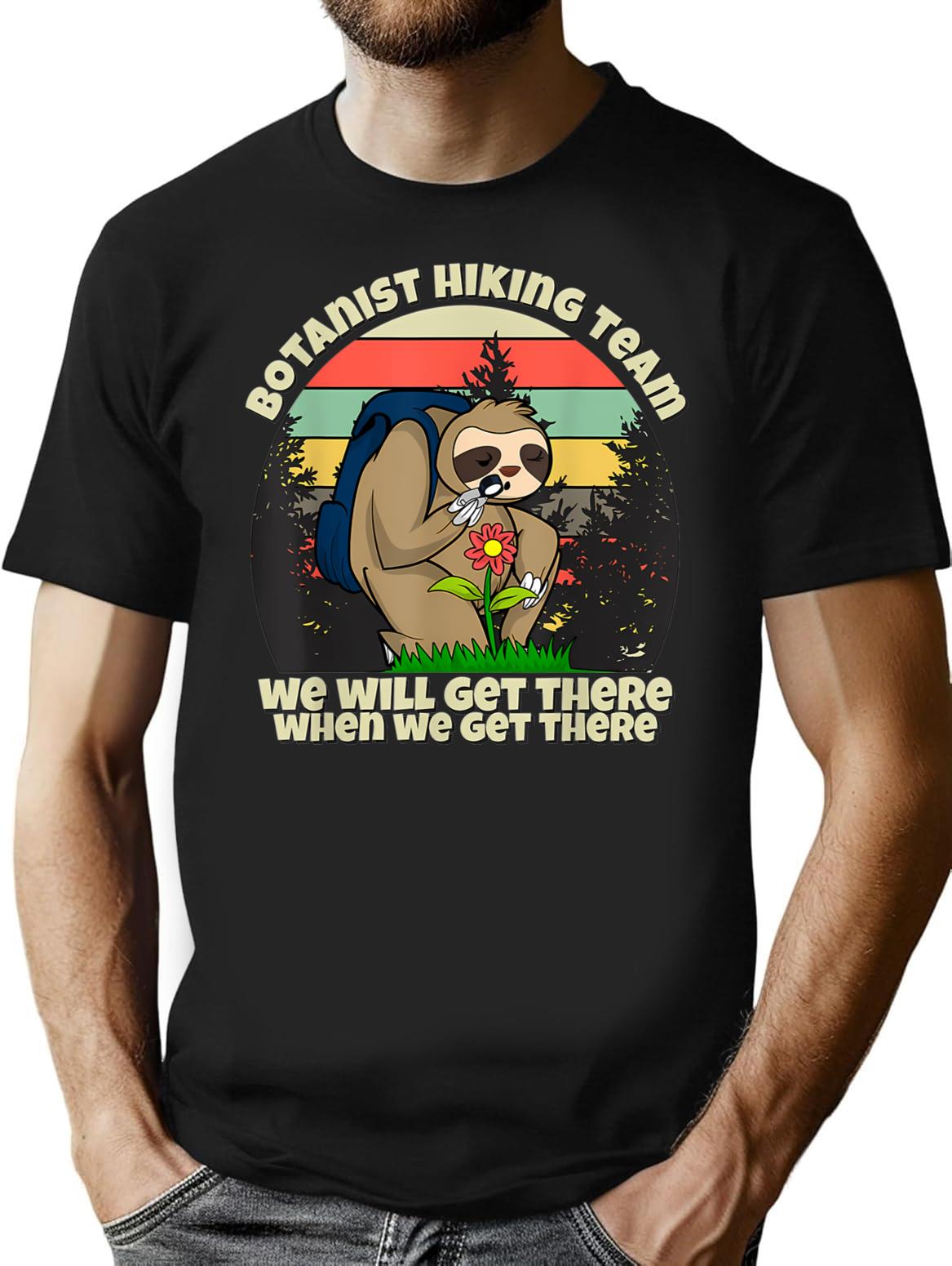 Botanist Hiking Team Botany Sloth T-Shirt - Retro Graphic Tee for Men & Women - Black