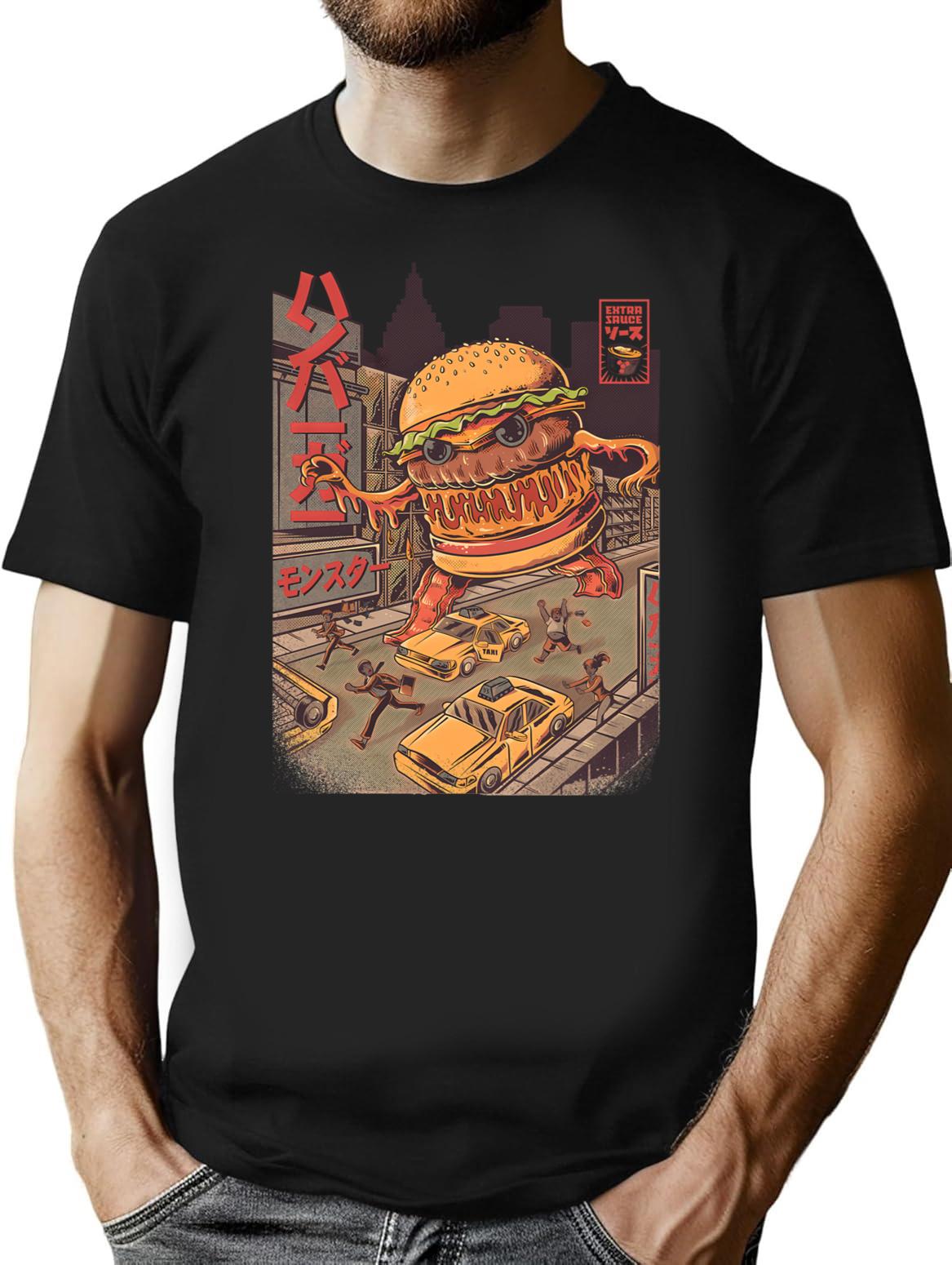 Burgerzilla T-Shirt - Retro Graphic Tee for Men & Women - Black