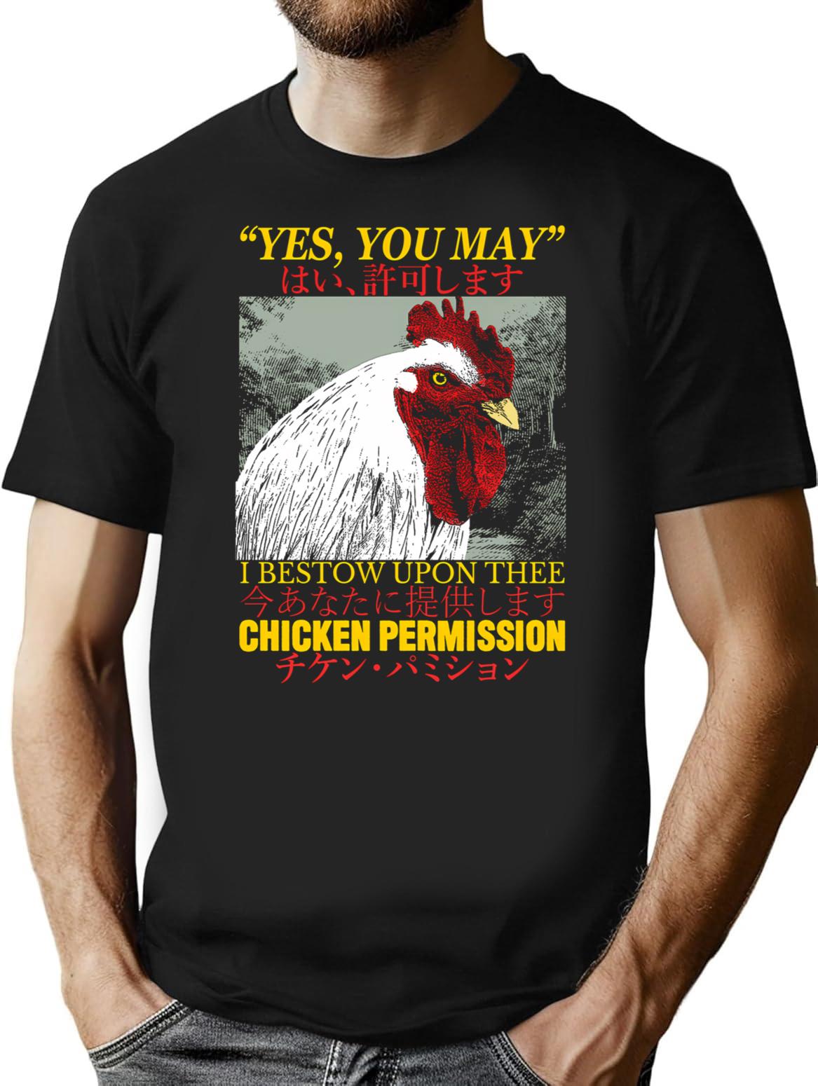 Chicken Permission Vintage Japanese Chicken T-Shirt - Retro Graphic Casual Tee - Black