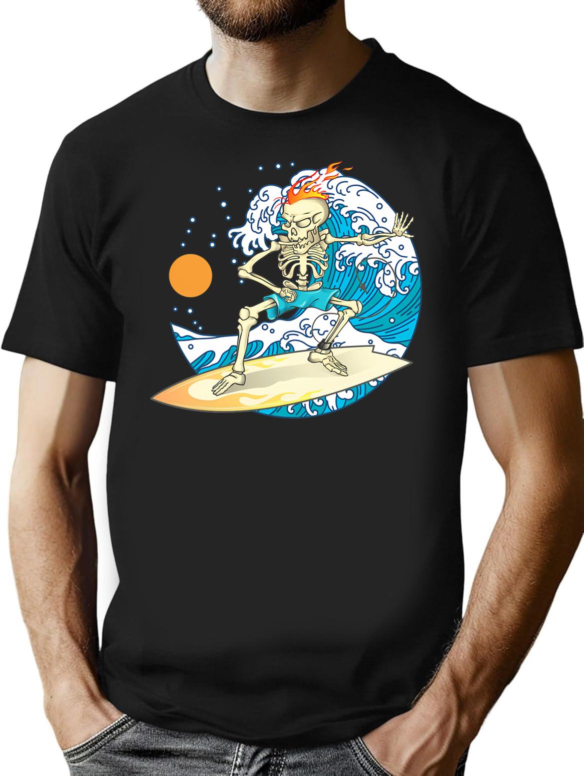 Cool Vintage Surfing Skeleton T-Shirt for Men & Women, T-Shirts Graphic Tee - Black