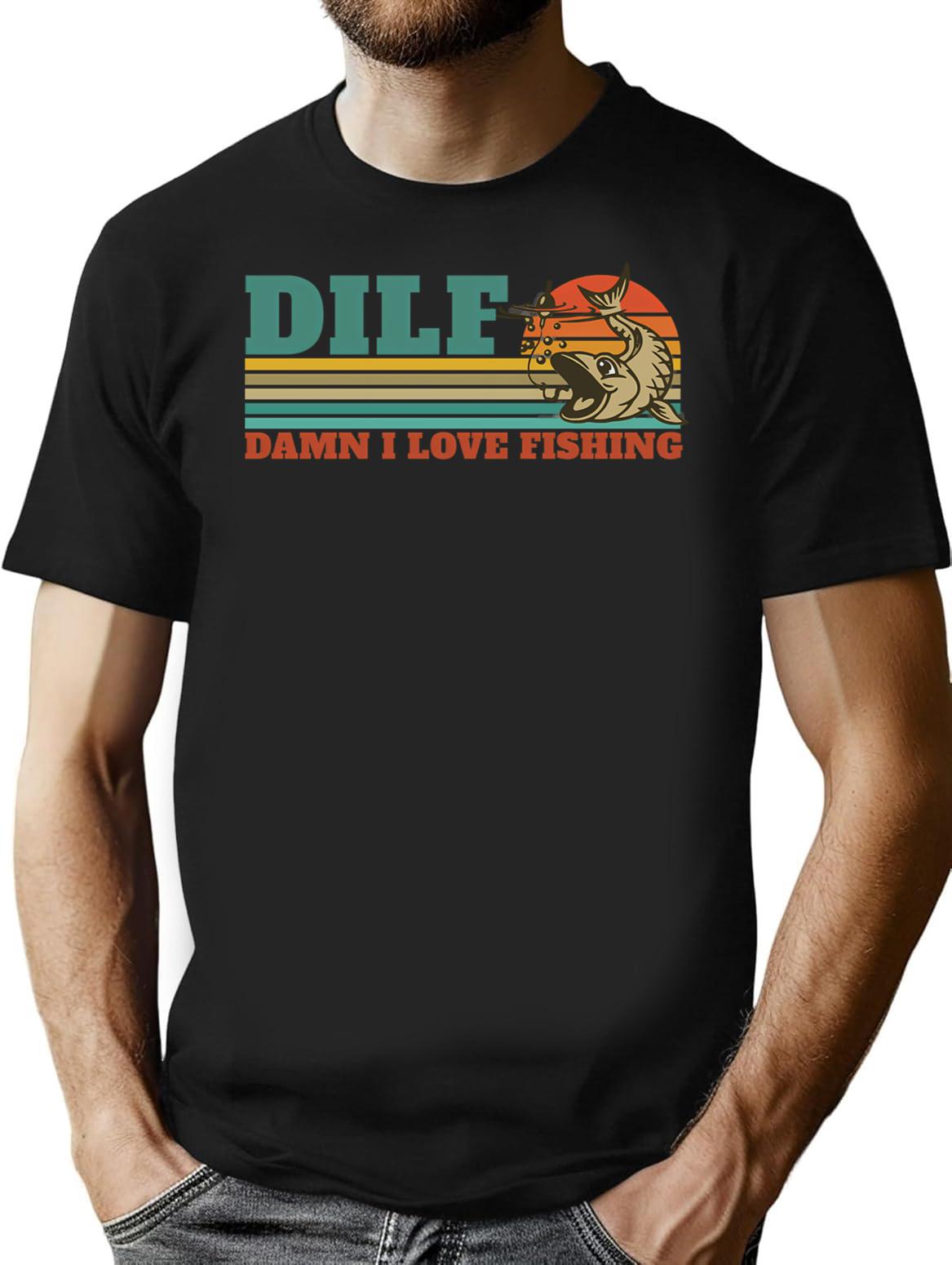 Dilf Damn I Love Fishing Retro Vintage Sunset Funny Fishing Gift (2) T-Shirt for Men & Women, T-Shirts Graphic Tee - Black