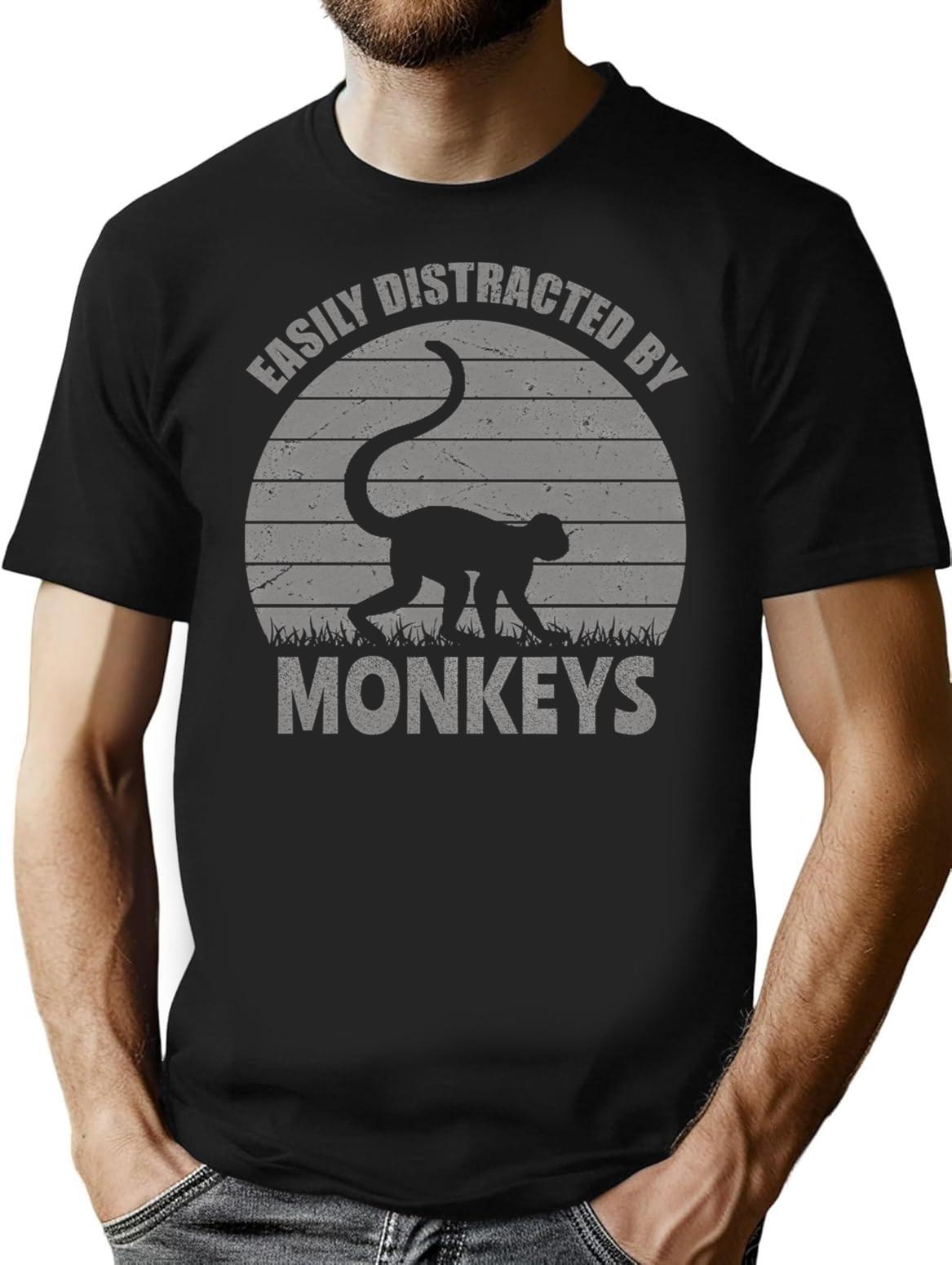 Easily Distracted By Monkeys Distressed Vintage Funny Monkey T-Shirt - Black