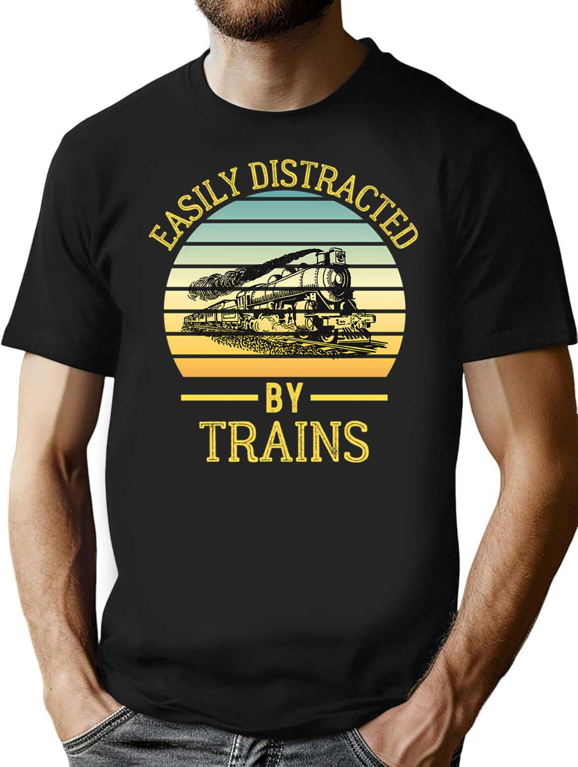 Easily Distracted By Trains Funny Train Lover Gift Retro Train Sunset T-Shirt for Men & Women, T-Shirts Graphic Tee - Black