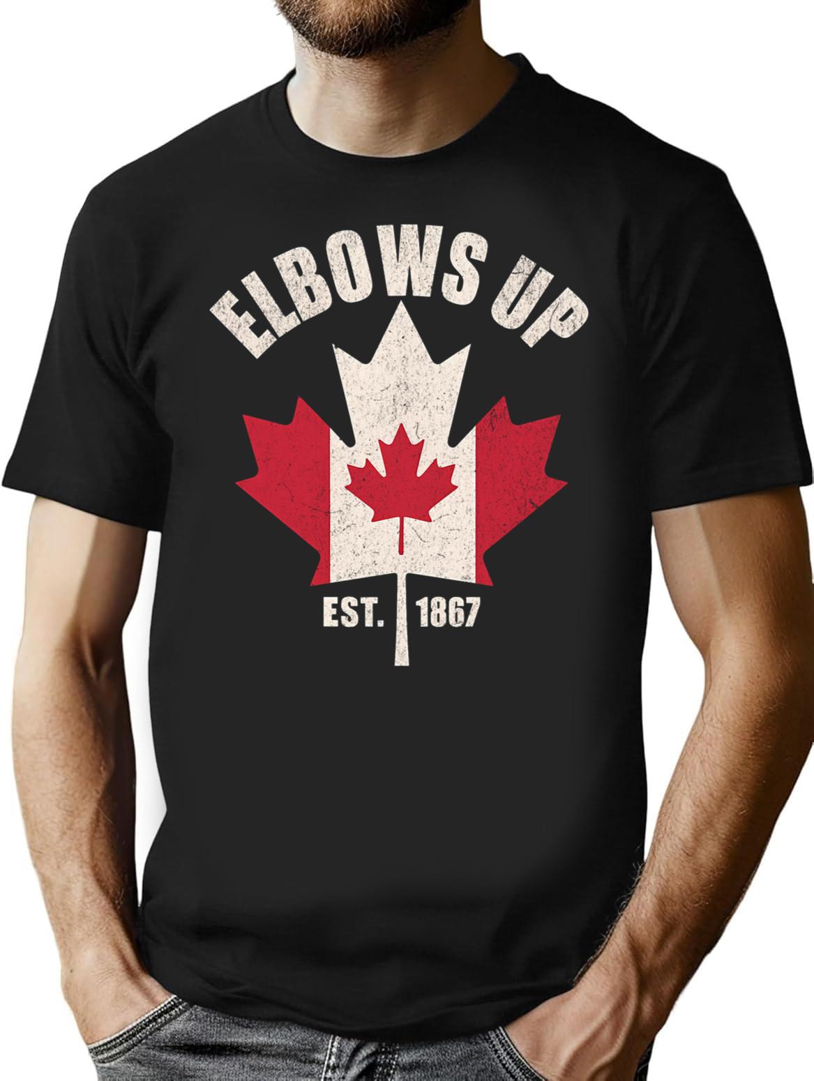 Elbows Up Canada Est. 1867 Vintage Canadian Maple Leaf Design T-Shirt - Black