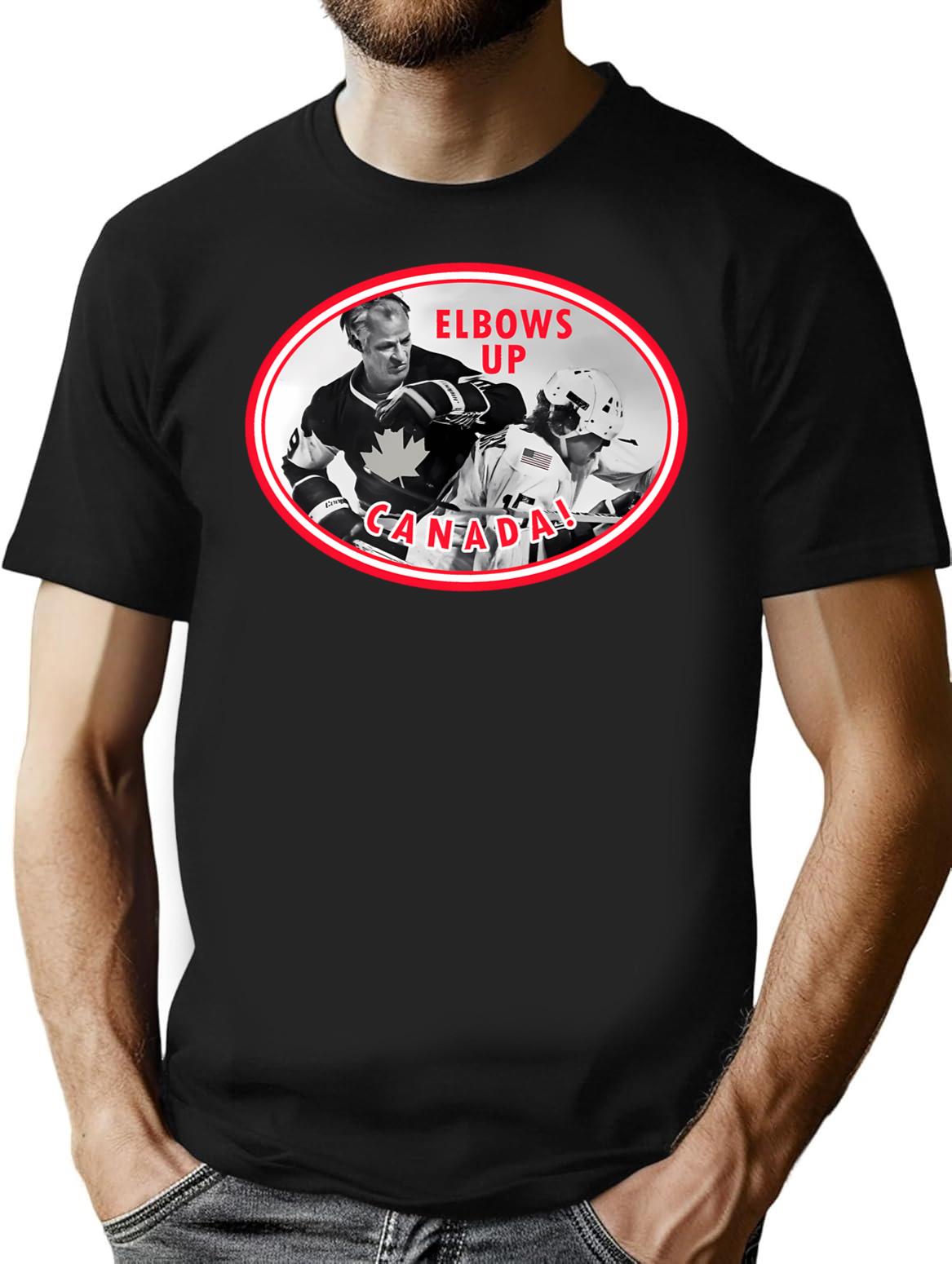 Elbows Up Canada Hockey T-Shirt - Retro Graphic Tee for Men & Women - Black
