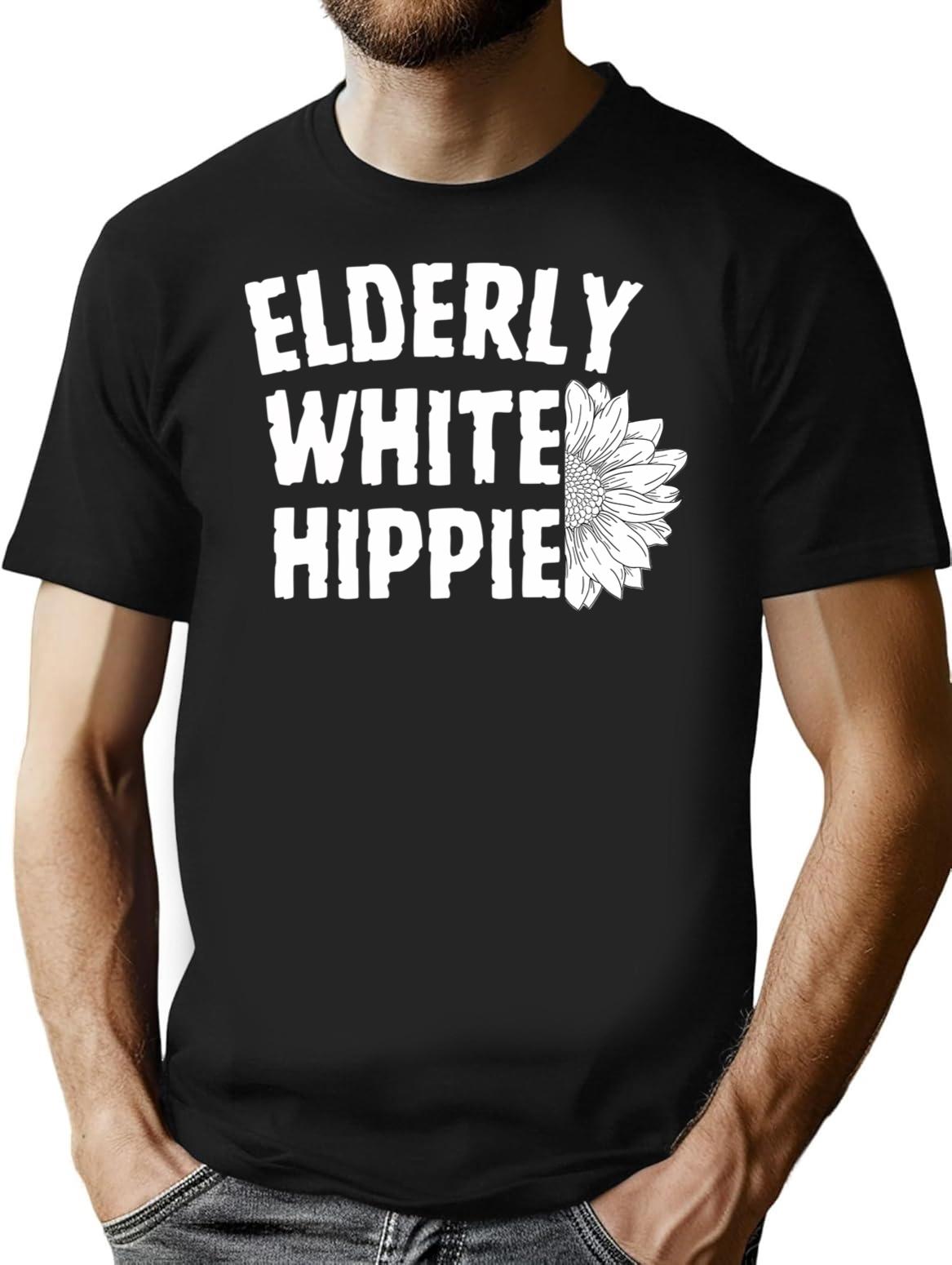 Elderly White Hippie (1) T-Shirt - Retro Graphic Tee for Men & Women - Black