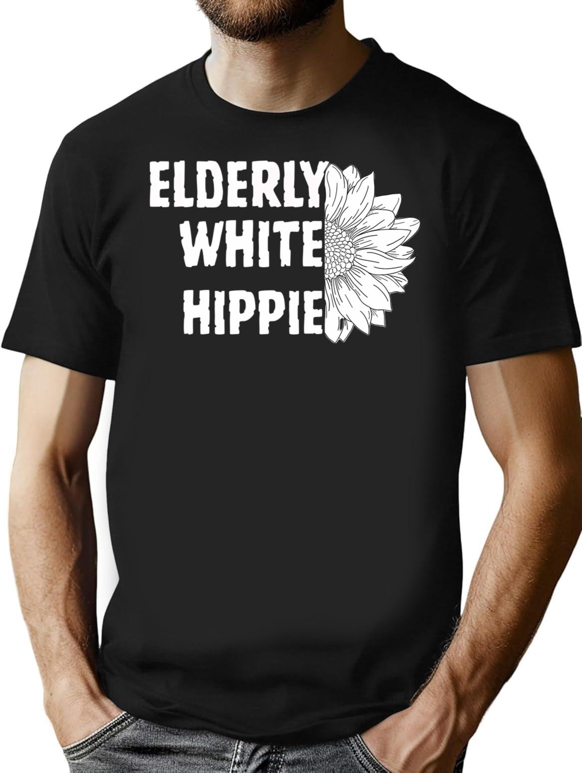 Elderly White Hippie T-Shirt - Retro Graphic Tee for Men & Women - Black