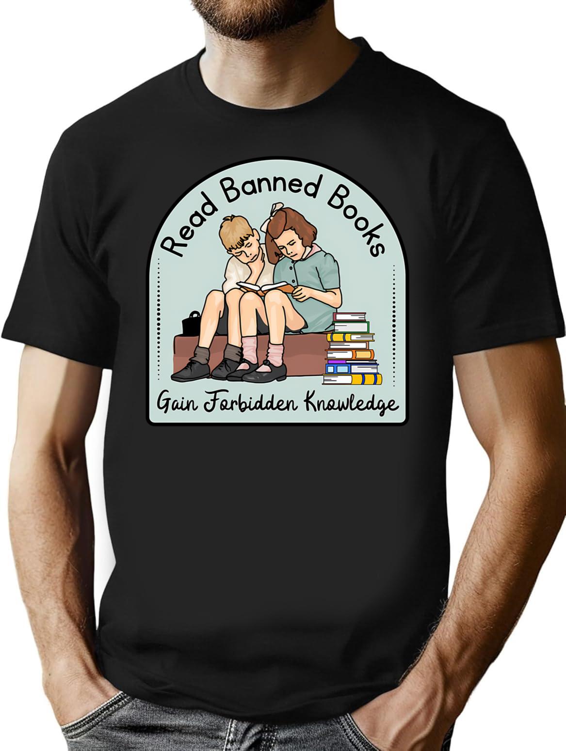 Forbidden Knowledge With Banned Books T-Shirt - Retro Graphic Tee for Men & Women - Black
