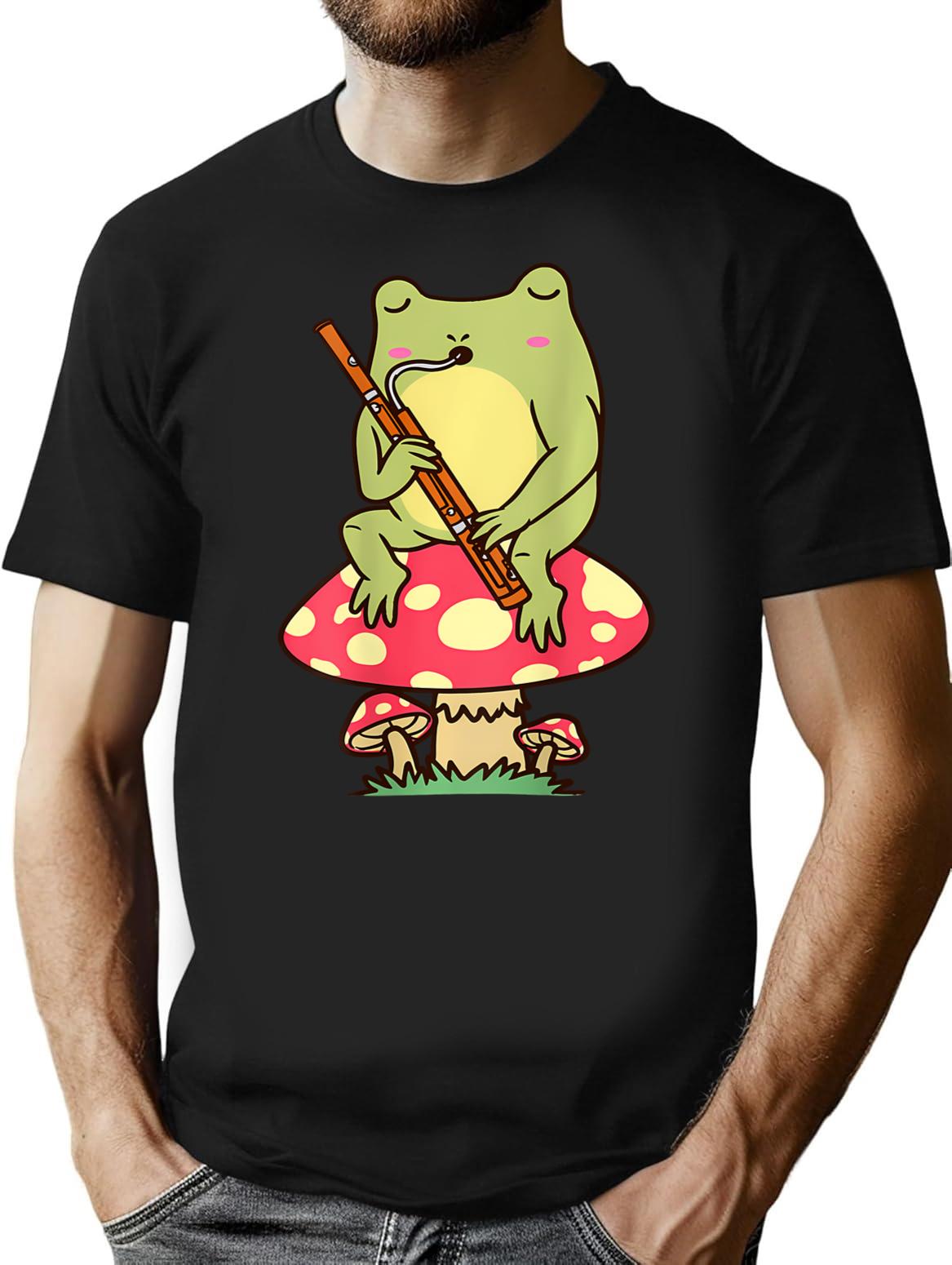 Frog On Mushroom Bassoon Player Bassoonist T-Shirt for Men & Women, T-Shirts Graphic Tee - Black