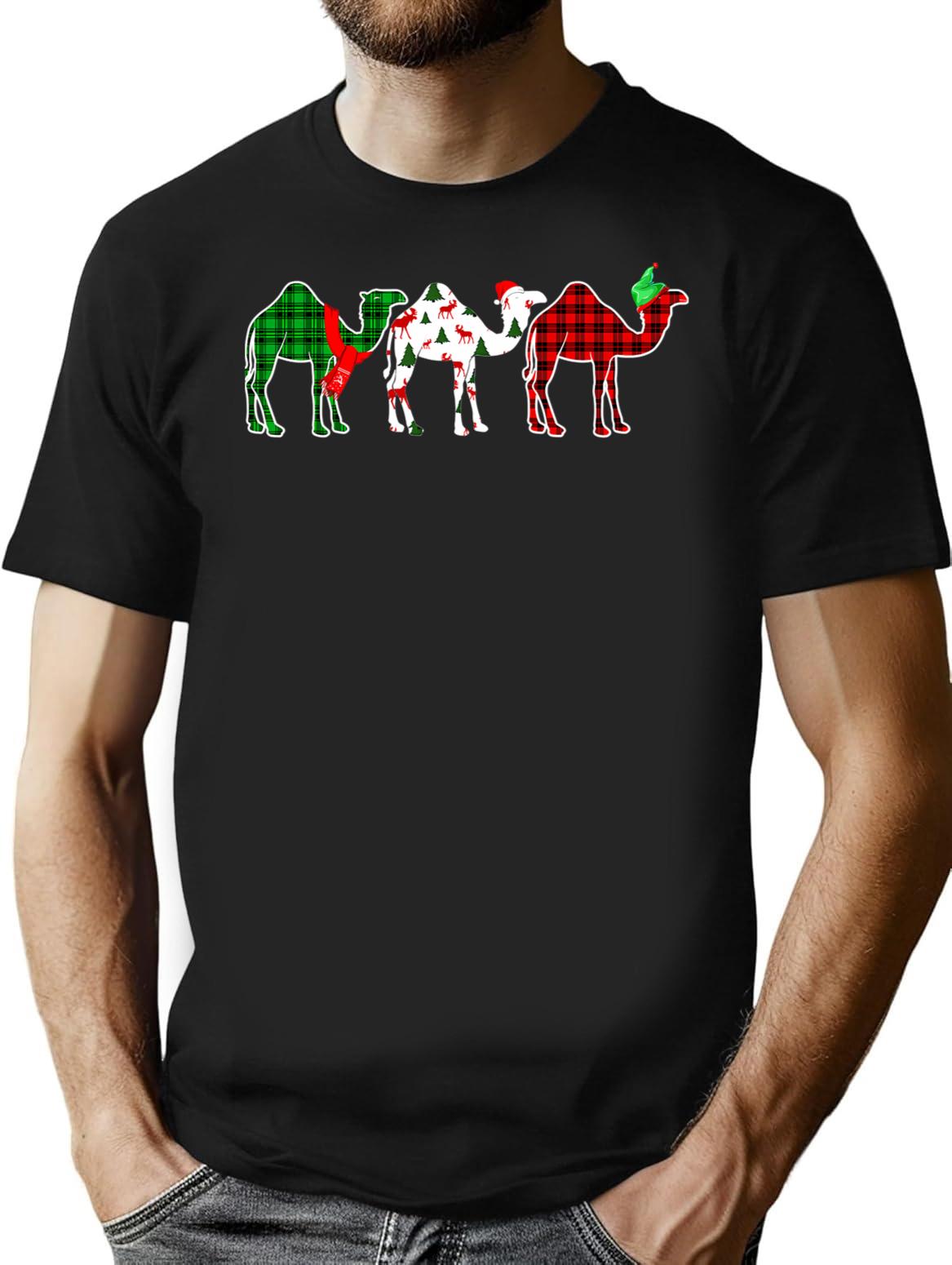 Funny Camel Xmas Tree Lights Red Plaid Christmas T-shirt - Black