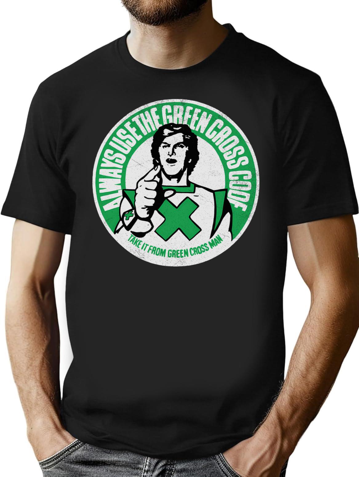 Green Cross Code Man T-Shirt - Retro Graphic Tee for Men & Women - Black