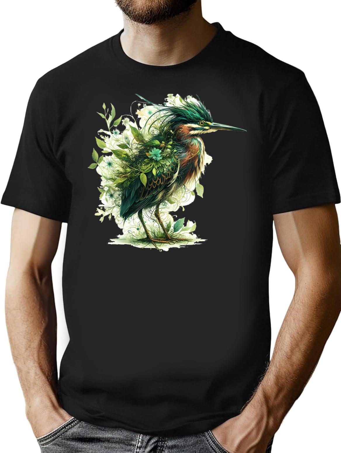 Green Heron T-Shirt - Retro Graphic Tee for Men & Women - Black