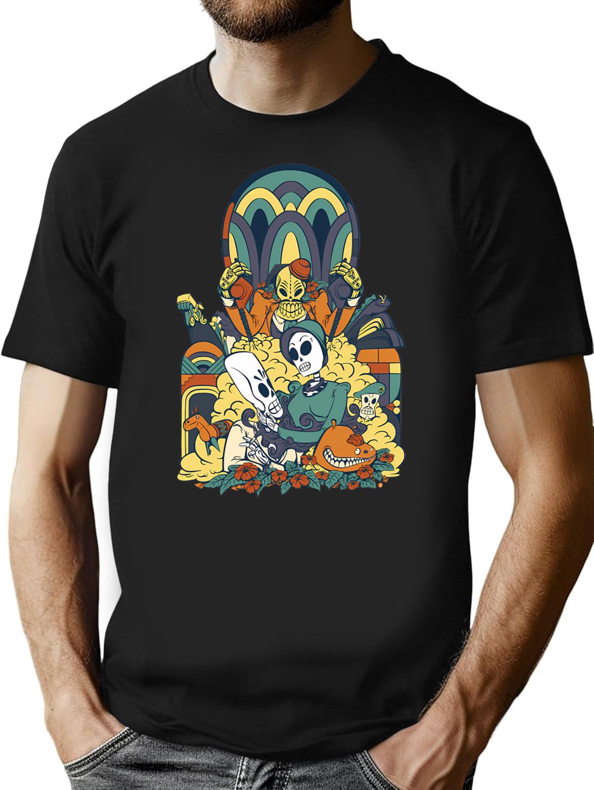 Grim Fandango Vintage Videogame Artwork T-Shirt - Retro Graphic Casual Tee - Black