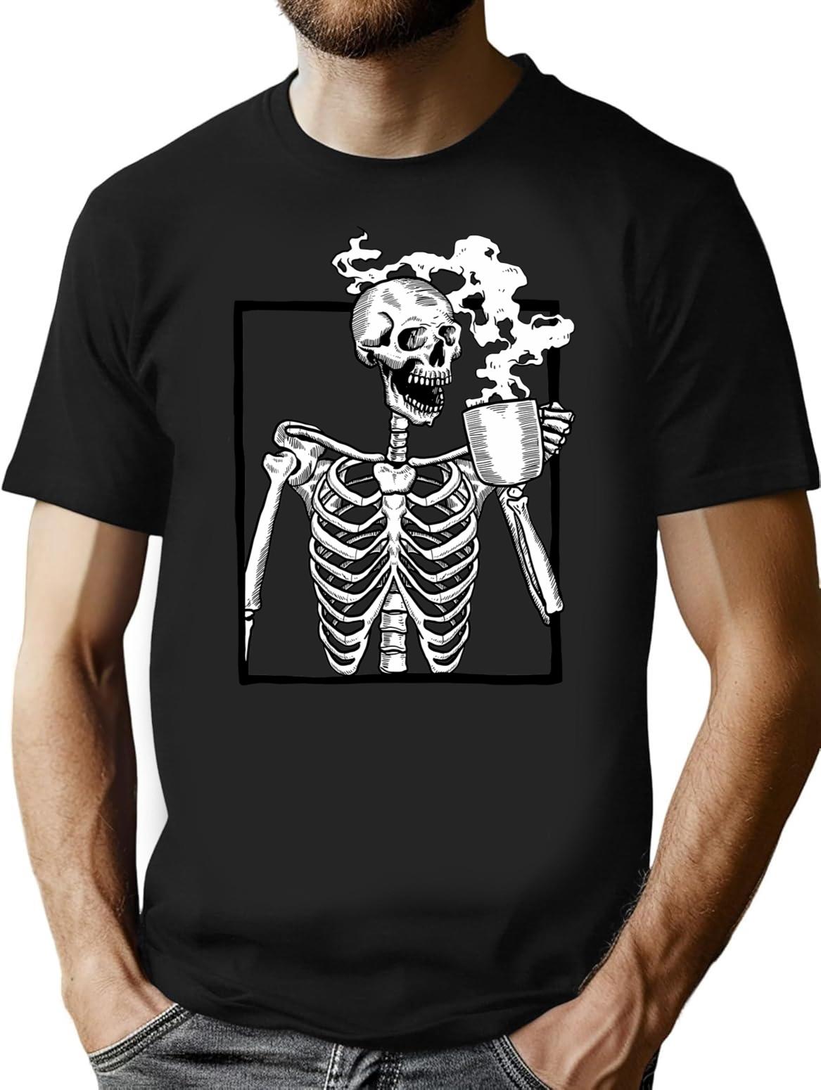 Halloween Skeleton Drinking Coffee Funny T-Shirt - Sarcastic Humor Graphic Tee - Black