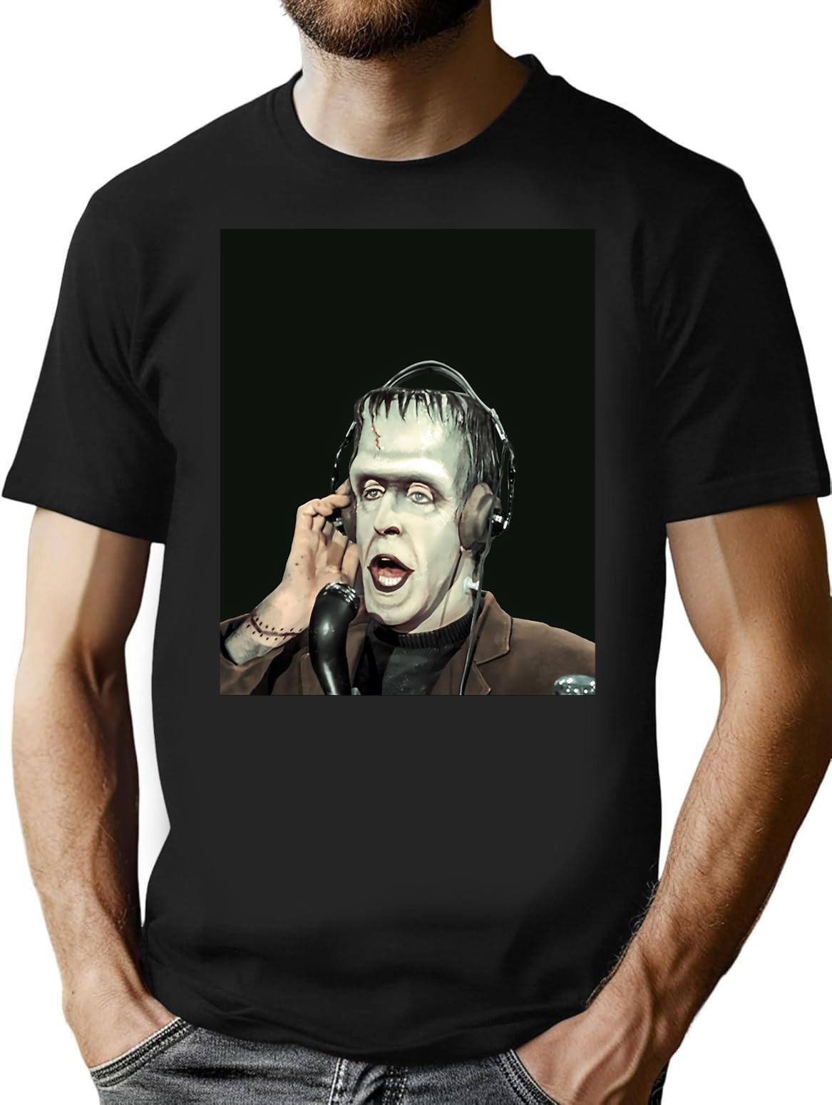 Herman Munster At The Radio T-Shirt - Retro Graphic Tee for Men & Women - Black