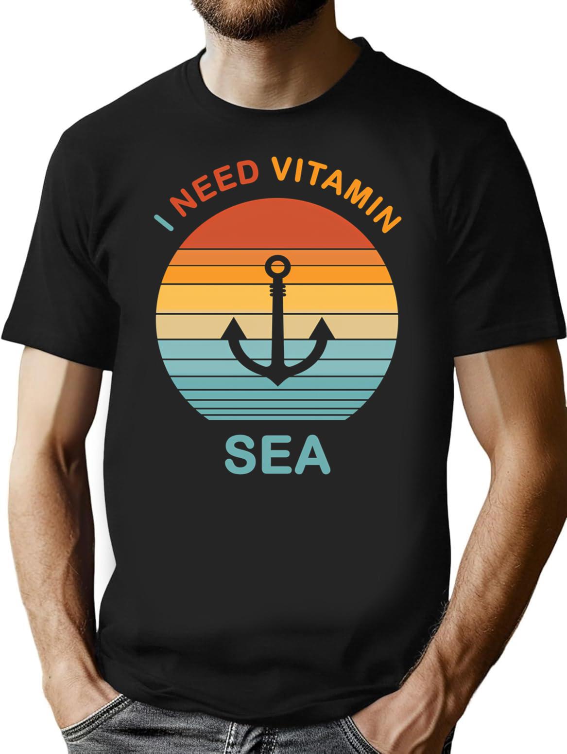 I Need Vitamin Sea Sunset Retro Vintage T-Shirt - Black