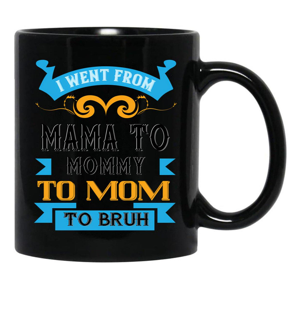 I Went From Mama To Mommy To Mom To Bruh Blue Black Coffee Mug - Black