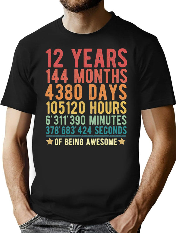12 Years Of Being Awesome Vintage 12Th Birthday Funny Gift T-Shirt for Men & Women, T-Shirts Graphic Tee - Black