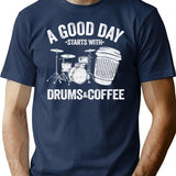 A Good Day Starts With Drums Coffee Drummer Gift Funny T-Shirt for Men & Women, T-Shirts Graphic Tee - Navy