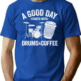 A Good Day Starts With Drums Coffee Drummer Gift Funny T-Shirt for Men & Women, T-Shirts Graphic Tee - Blue