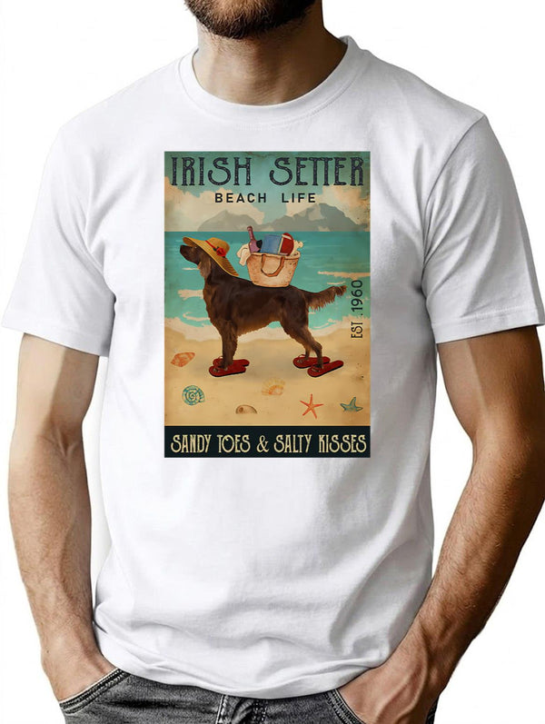 Beach Life Sandy Toes Irish Setter Dog T-Shirt for Men & Women, T-Shirts Graphic Tee - White