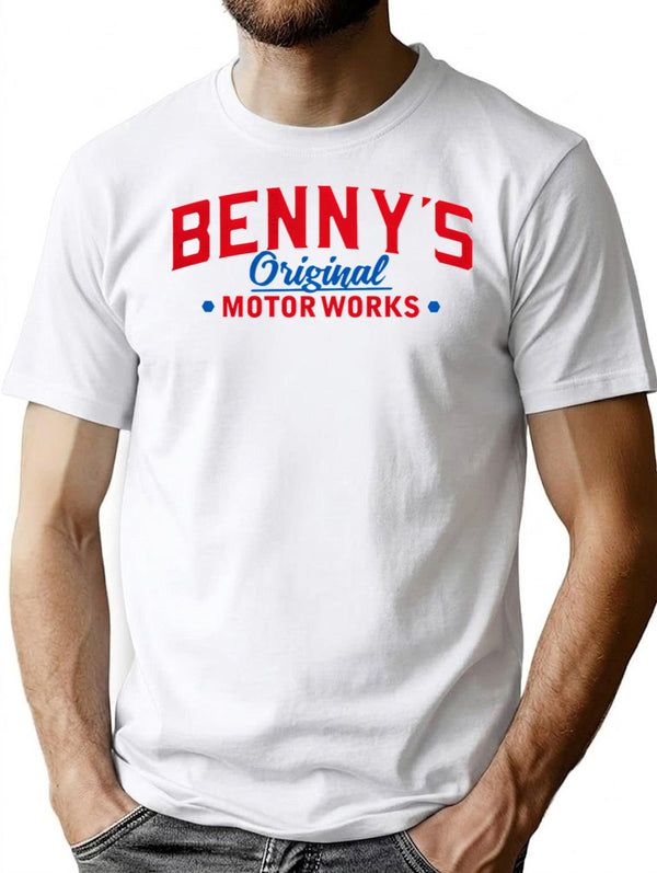 Benny's Original Motorworks Chop Shop Custom Car Mechanic Logo From Los Santos San Andreas T-Shirt - White