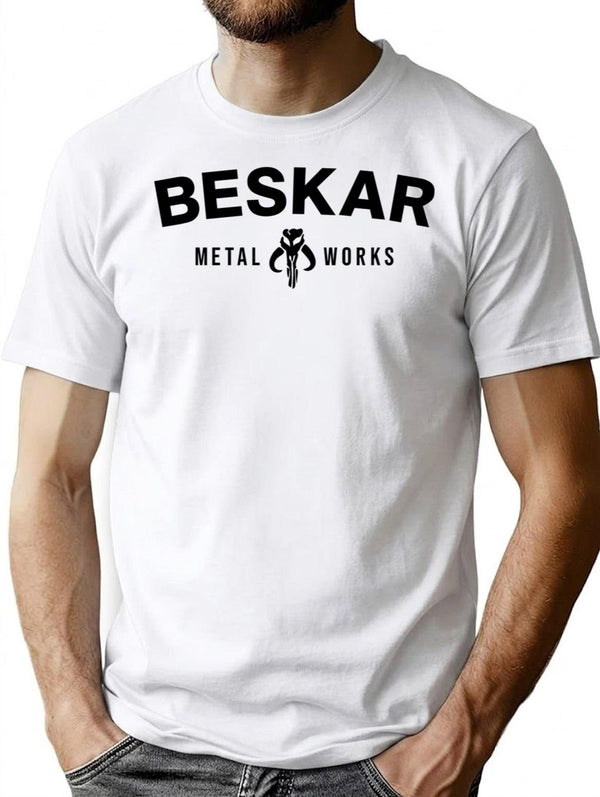 Beskar Metal Works T-Shirt - Retro Graphic Tee for Men & Women - White
