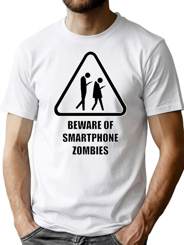 Beware Of Smartphone Zombie T-Shirt - Retro Graphic Tee for Men & Women - White