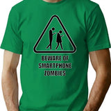 Beware Of Smartphone Zombie T-Shirt - Retro Graphic Tee for Men & Women - Green