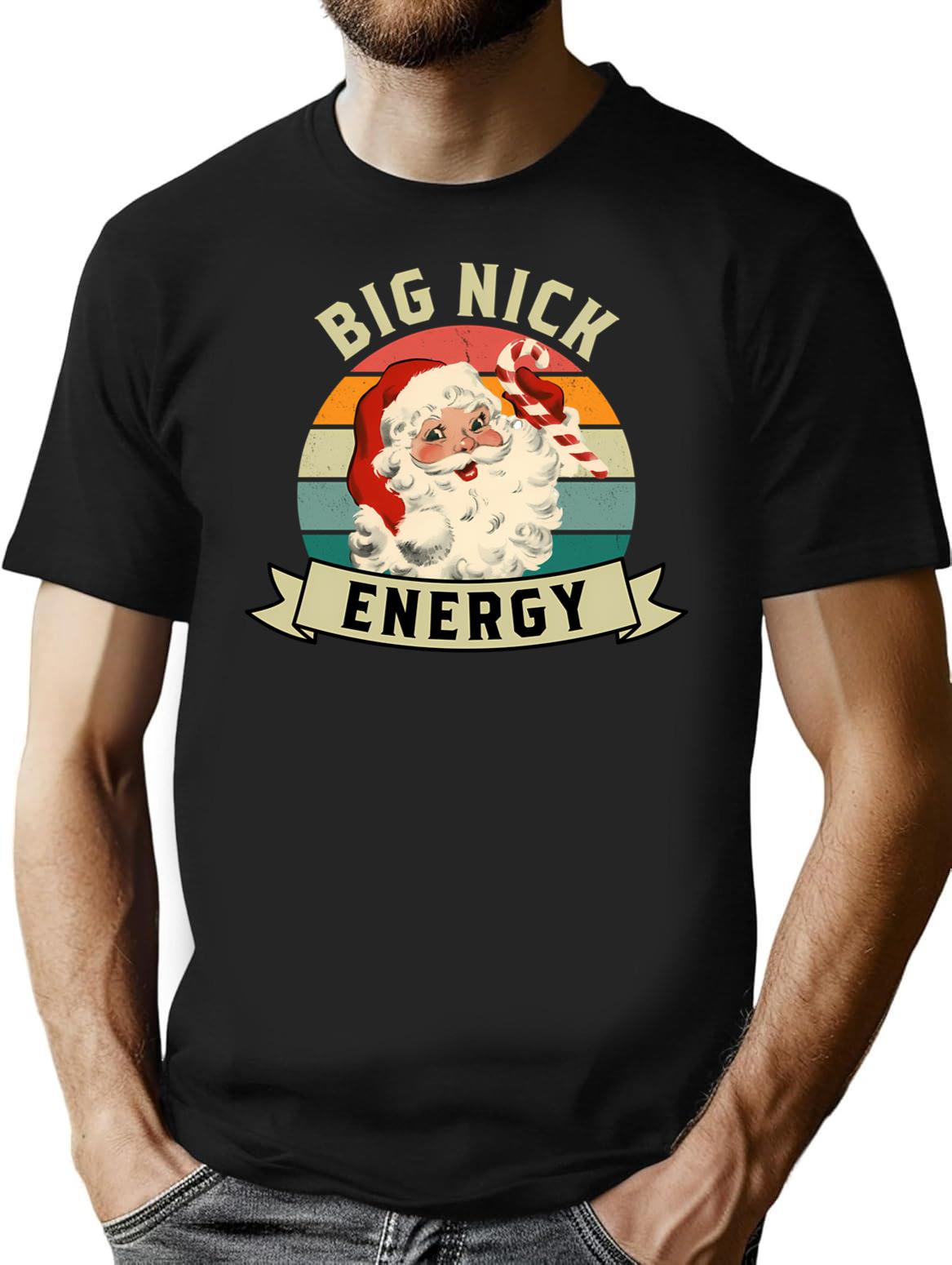 Big Nick Energy Christmas Vintage Santa Claus Retro Sunset Curved Text Funny Xmas Gift For Nick Nicholas T-Shirt - Black