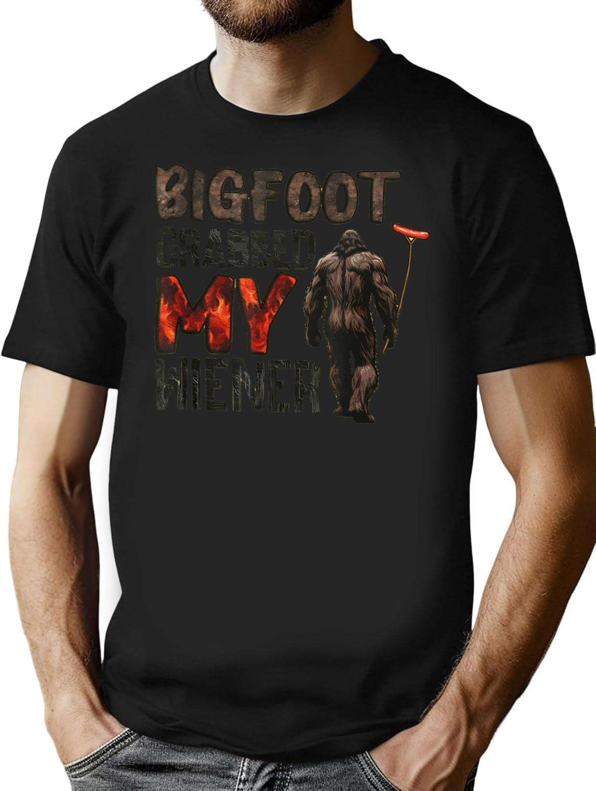 Bigfoot Grabbed My Wiener T-Shirt - Retro Graphic Tee for Men & Women - Black