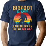 Bigfoot Is Real And He Tried To Eat My Ass - Retro Vintage Sunset Bigfoot Design T-Shirt - Navy