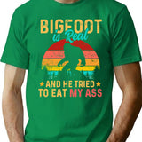 Bigfoot Is Real And He Tried To Eat My Ass - Retro Vintage Sunset Bigfoot Design T-Shirt - Green