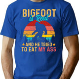 Bigfoot Is Real And He Tried To Eat My Ass - Retro Vintage Sunset Bigfoot Design T-Shirt - Blue
