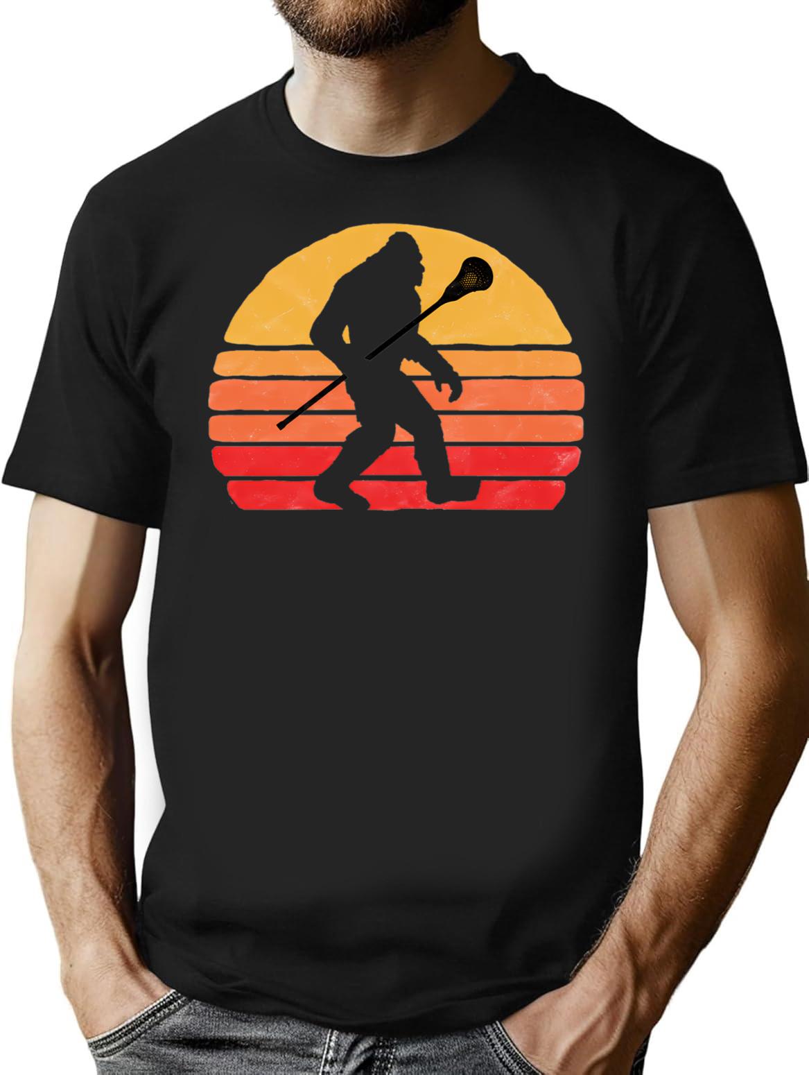 Bigfoot Lacrosse Stick Vintage Surf Sun Funny Lax T-Shirt - Black