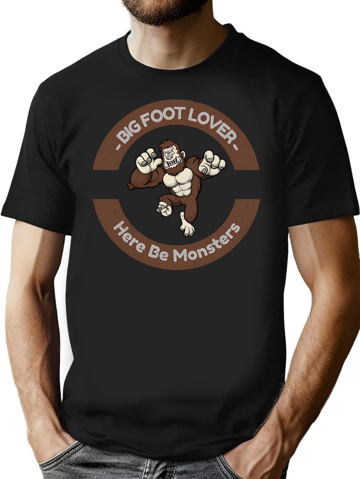 Bigfoot Lover Here Be Monsters T-Shirt - Retro Graphic Tee for Men & Women - Black