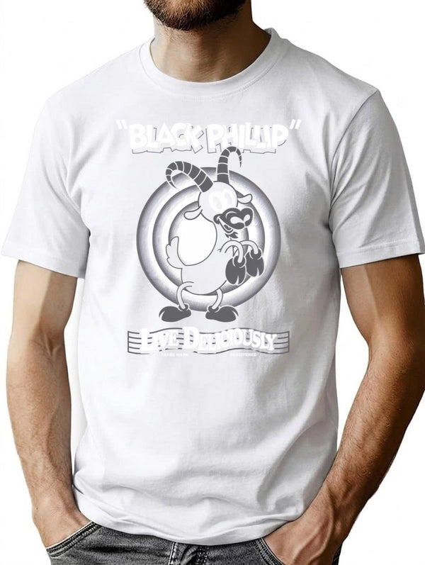 Black Phillip - Vintage Cartoon - Witch - Goth Occult - Live Deliciously T-Shirt for Men & Women, T-Shirts Graphic Tee - White