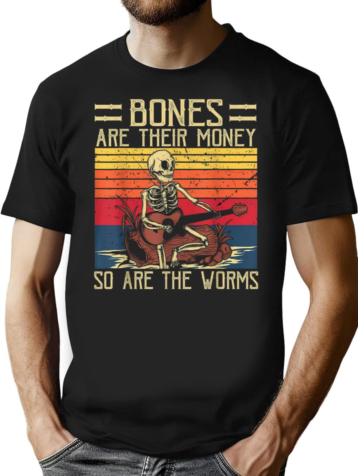 Bones Are Their Money Skeleton Playing Guitar Retro Vintage (1) T-Shirt - Black