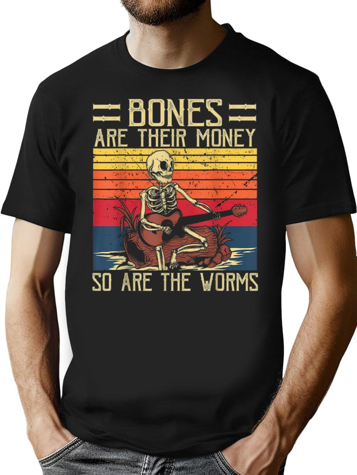 Bones Are Their Money Skeleton Playing Guitar Retro Vintage T-Shirt - Black