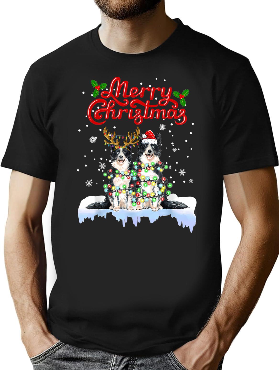 Border Collie Christmas Lights Funny Dog Matching Family T-Shirt - Black