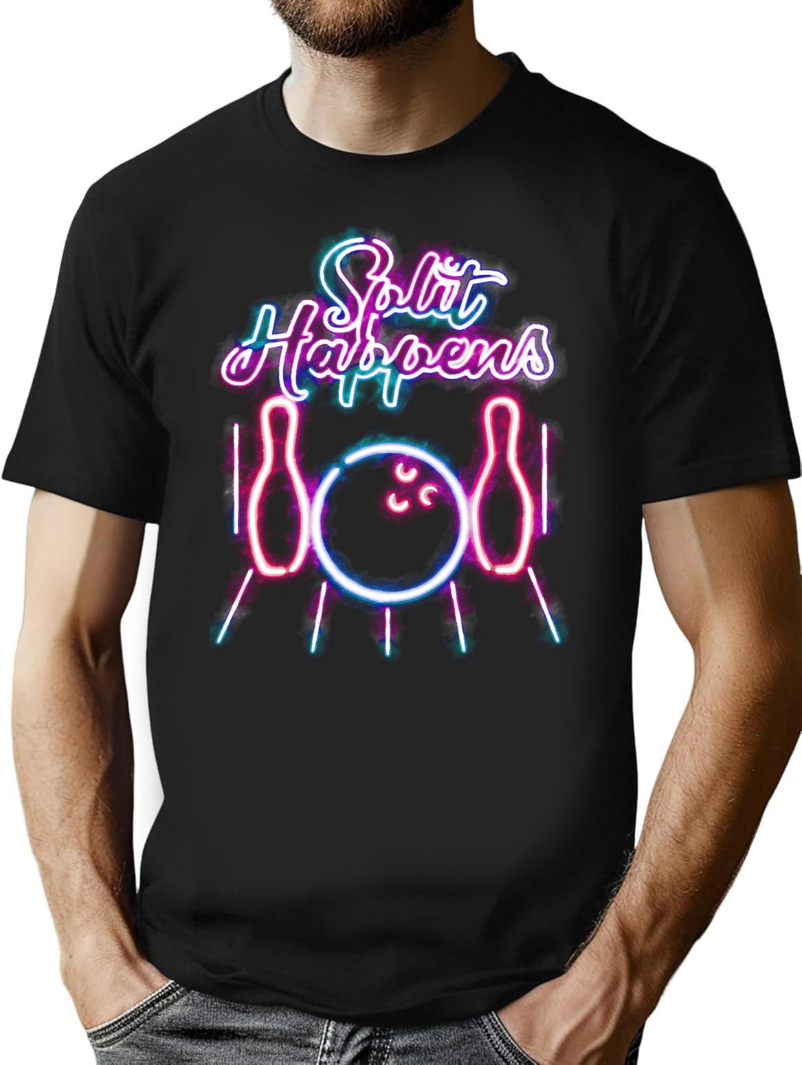 Bowling Shirts - Funny Retro Neon Vintage Style Split Happens T-Shirt - Black