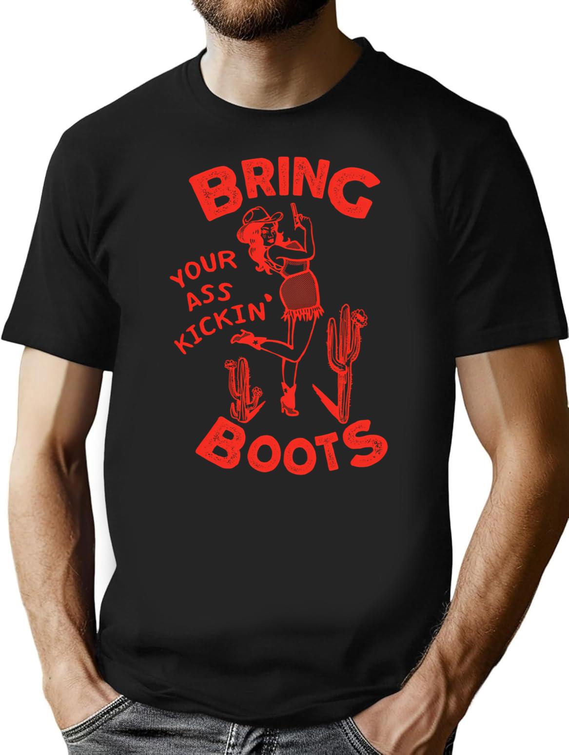 Bring Your Ass Kicking Boots Cool Retro Cowgirl With A Gun- A Great Gift Idea For Women T-Shirt - Black