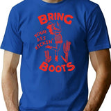 Bring Your Ass Kicking Boots Cool Retro Cowgirl With A Gun- A Great Gift Idea For Women T-Shirt - Blue