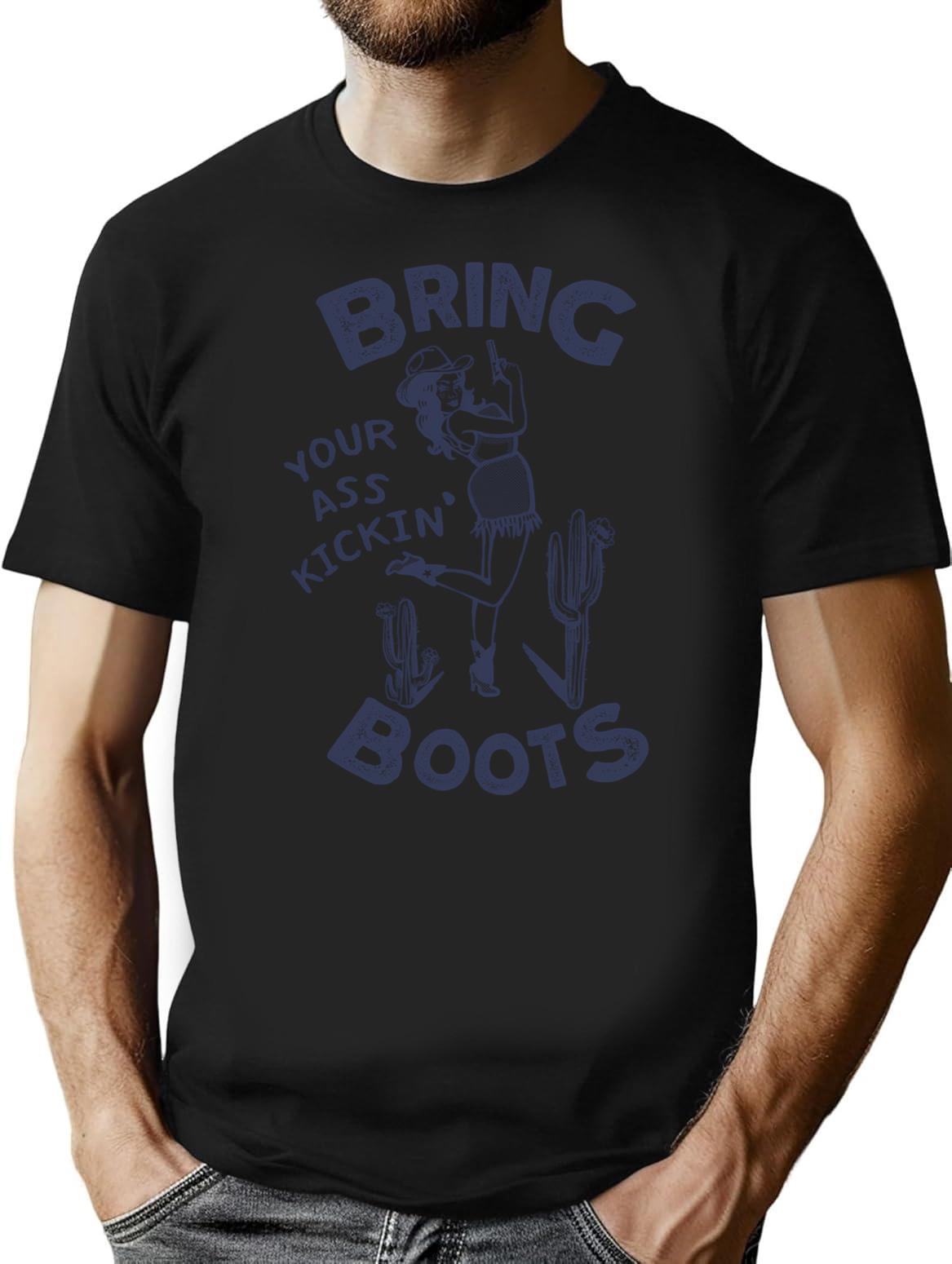 Bring Your Ass Kicking Boots Retro Western Cowgirl Pinup T-Shirt - Black