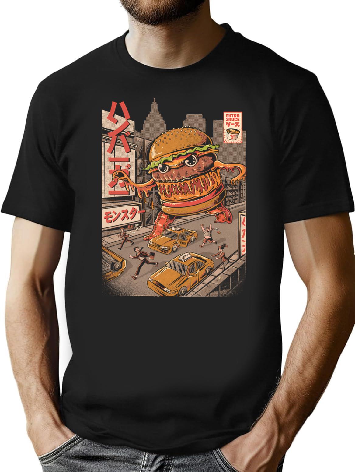 Burgerzilla - Black T-Shirt - Retro Graphic Tee for Men & Women - Black