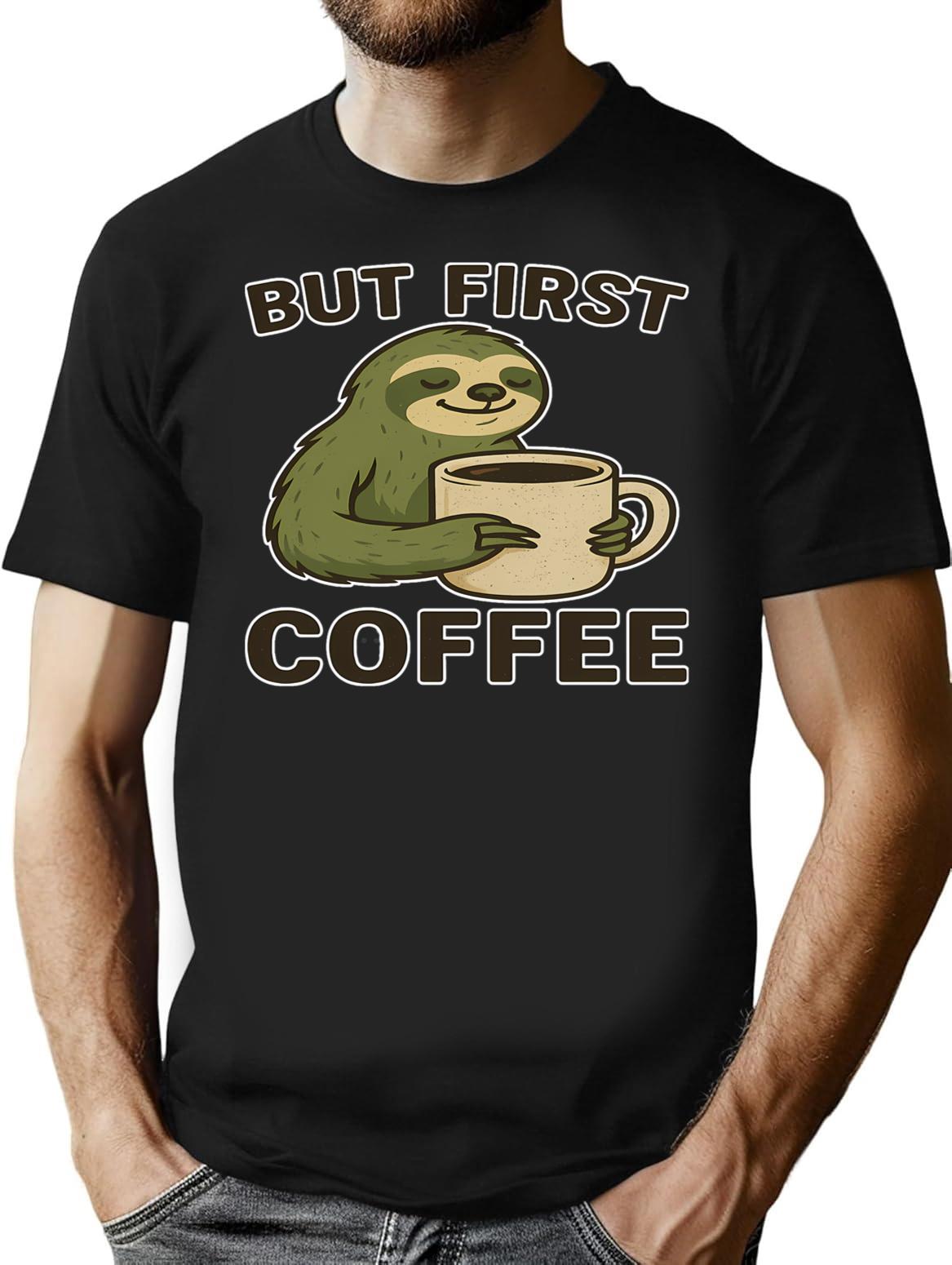 But First Coffee Funny Sloth Illustration T-Shirt - Black