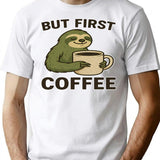 But First Coffee Funny Sloth Illustration T-Shirt - White
