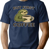 But First Coffee Funny Sloth Illustration T-Shirt - Navy
