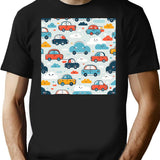 Cars And Clouds Pattern T-Shirt - Retro Graphic Tee for Men & Women - Black